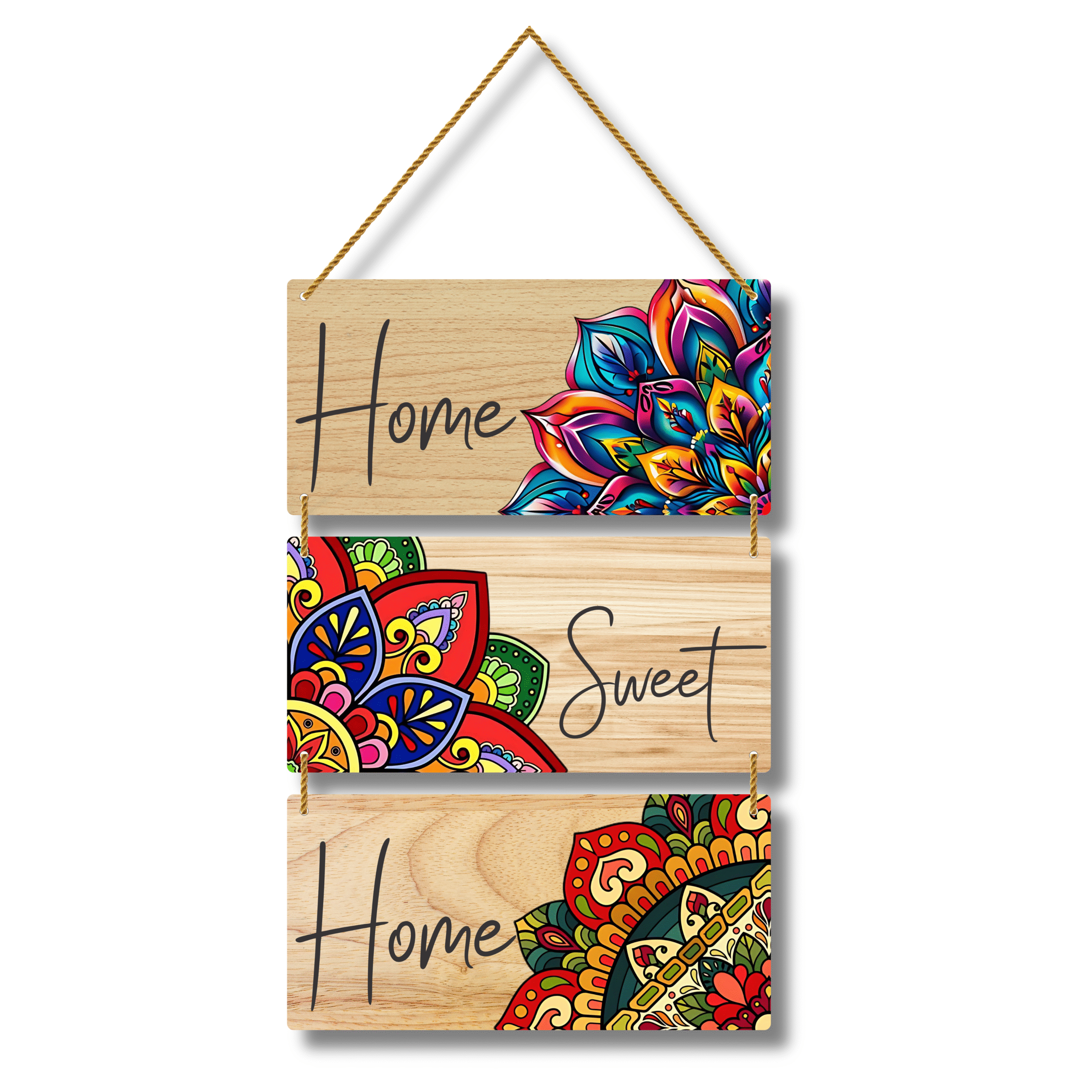 Home Sweet Home Pine Wood Wall Hanging | Mandala Floral Design | 3 Piece Set