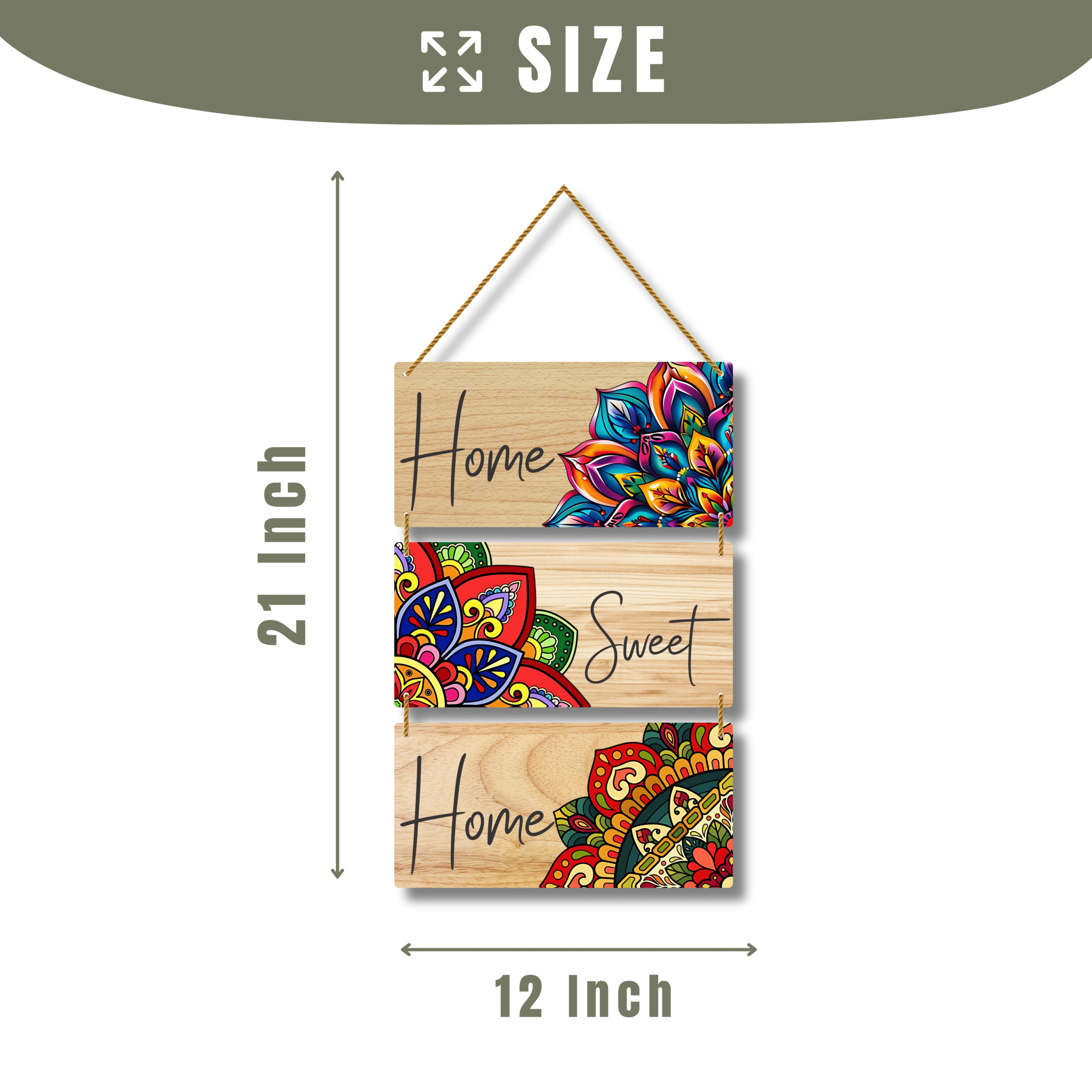 Home Sweet Home Pine Wood Wall Hanging | Mandala Floral Design | 3 Piece Set - Image 6