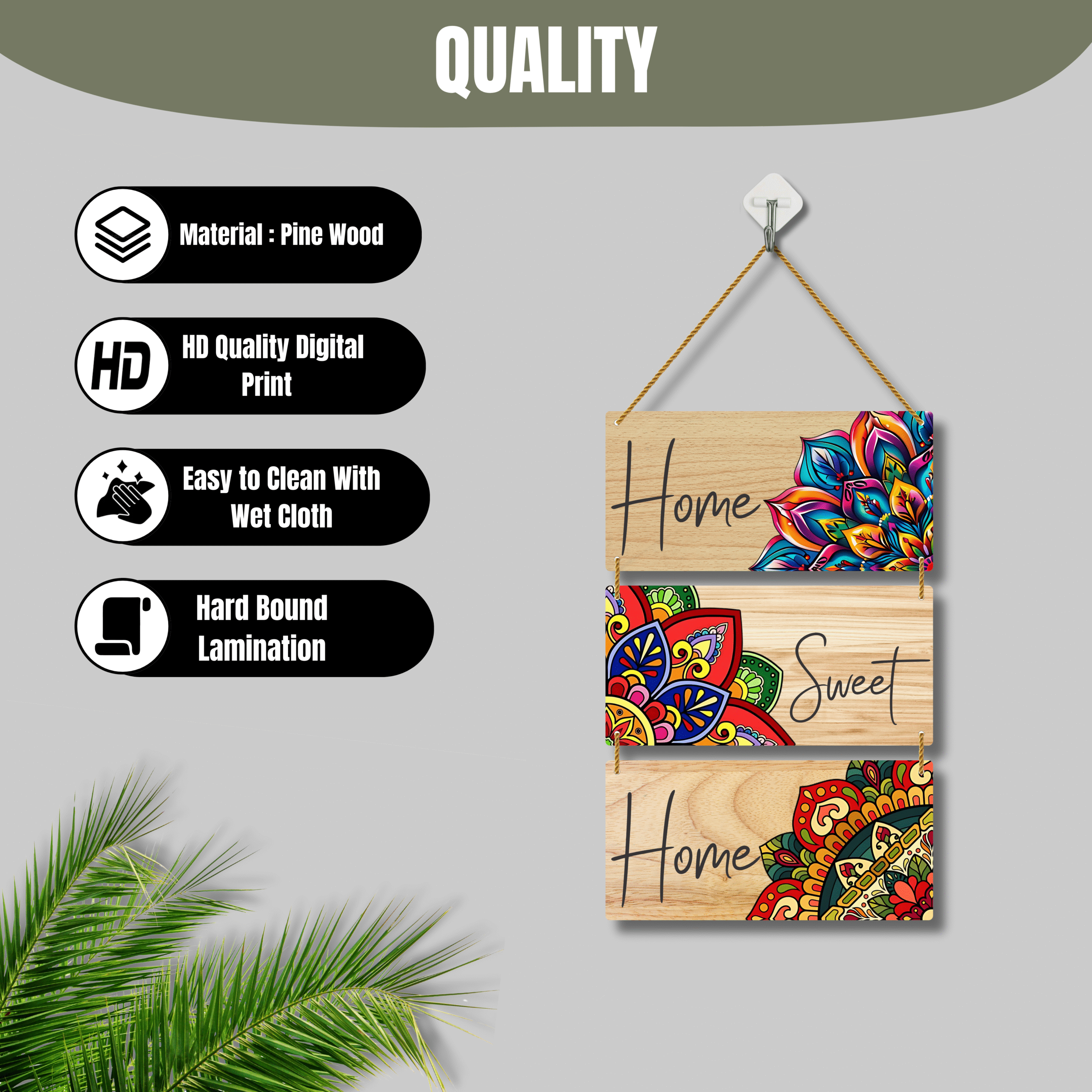 Home Sweet Home Pine Wood Wall Hanging | Mandala Floral Design | 3 Piece Set - Image 5