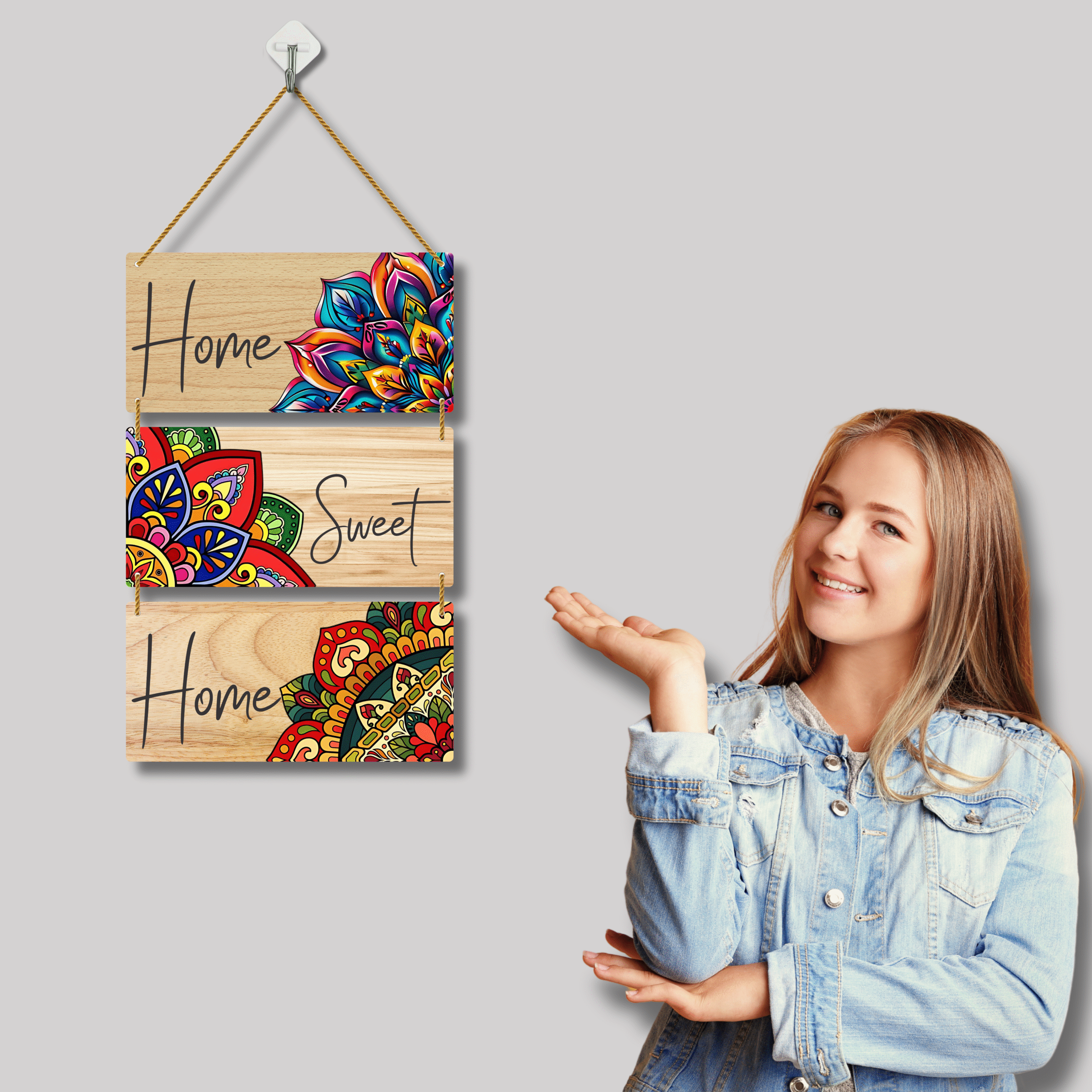 Home Sweet Home Pine Wood Wall Hanging | Mandala Floral Design | 3 Piece Set - Image 4