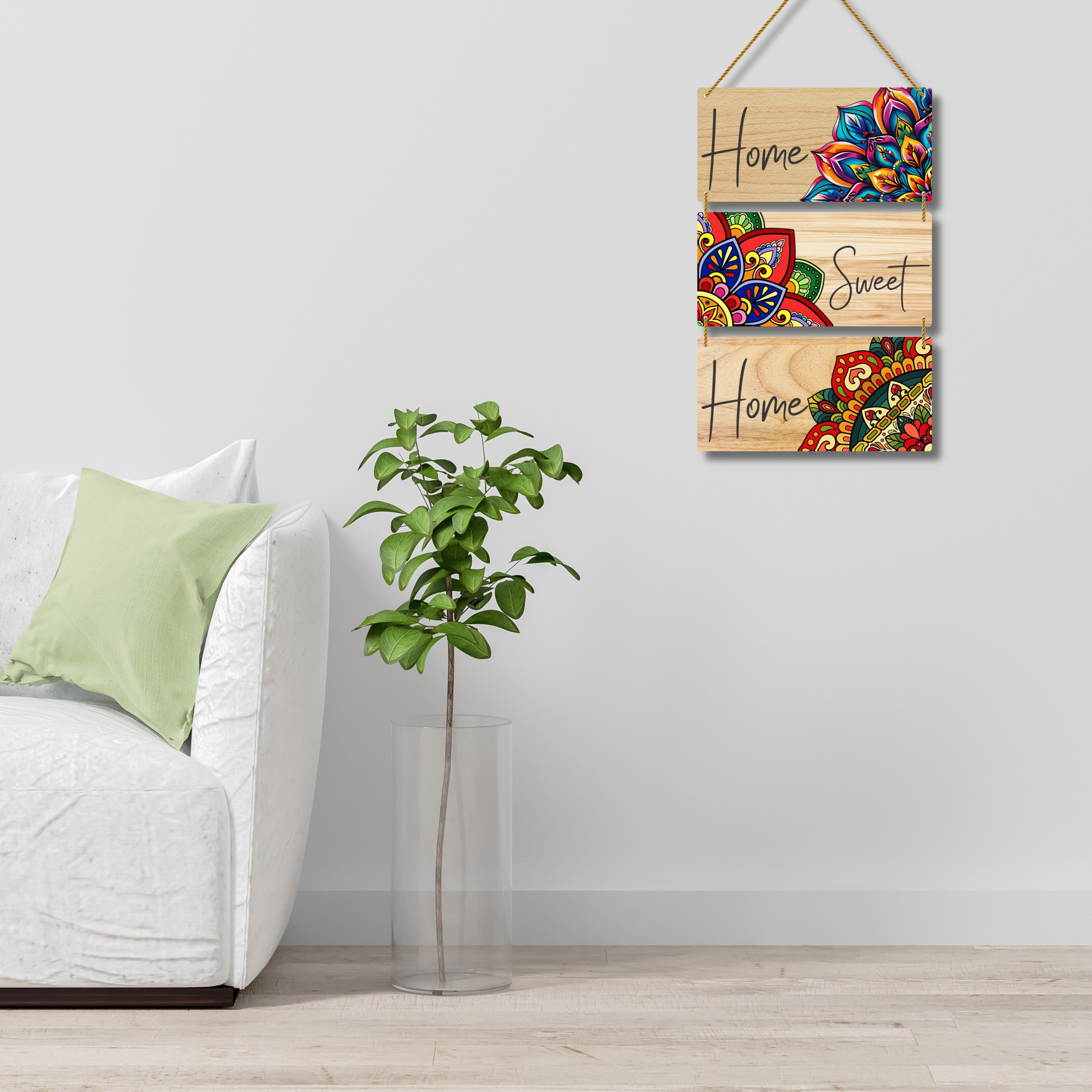 Home Sweet Home Pine Wood Wall Hanging | Mandala Floral Design | 3 Piece Set - Image 3