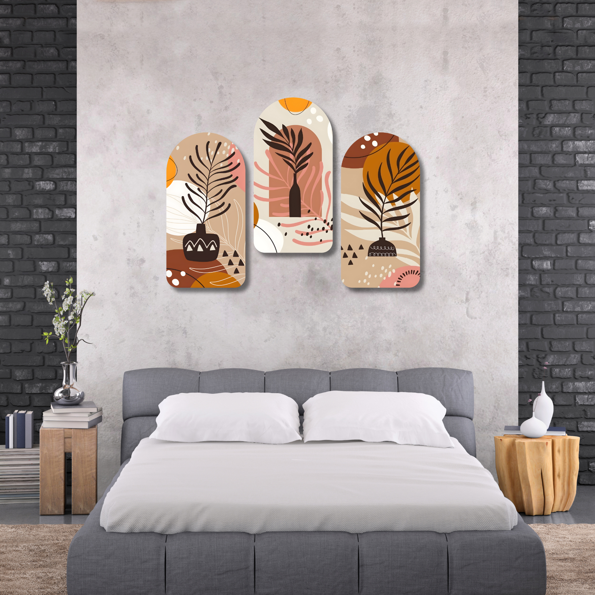 Floral Boho Arch Wall Art Set of 3 | Aesthetic Leaf Vase MDF Panels - Image 5