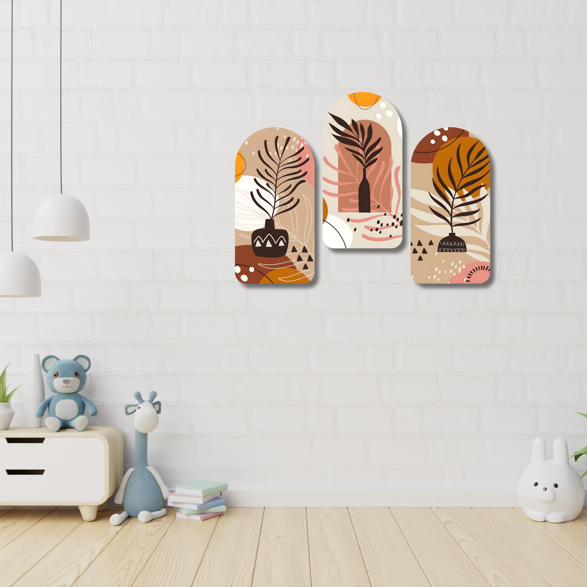 Floral Boho Arch Wall Art Set of 3 | Aesthetic Leaf Vase MDF Panels - Image 2