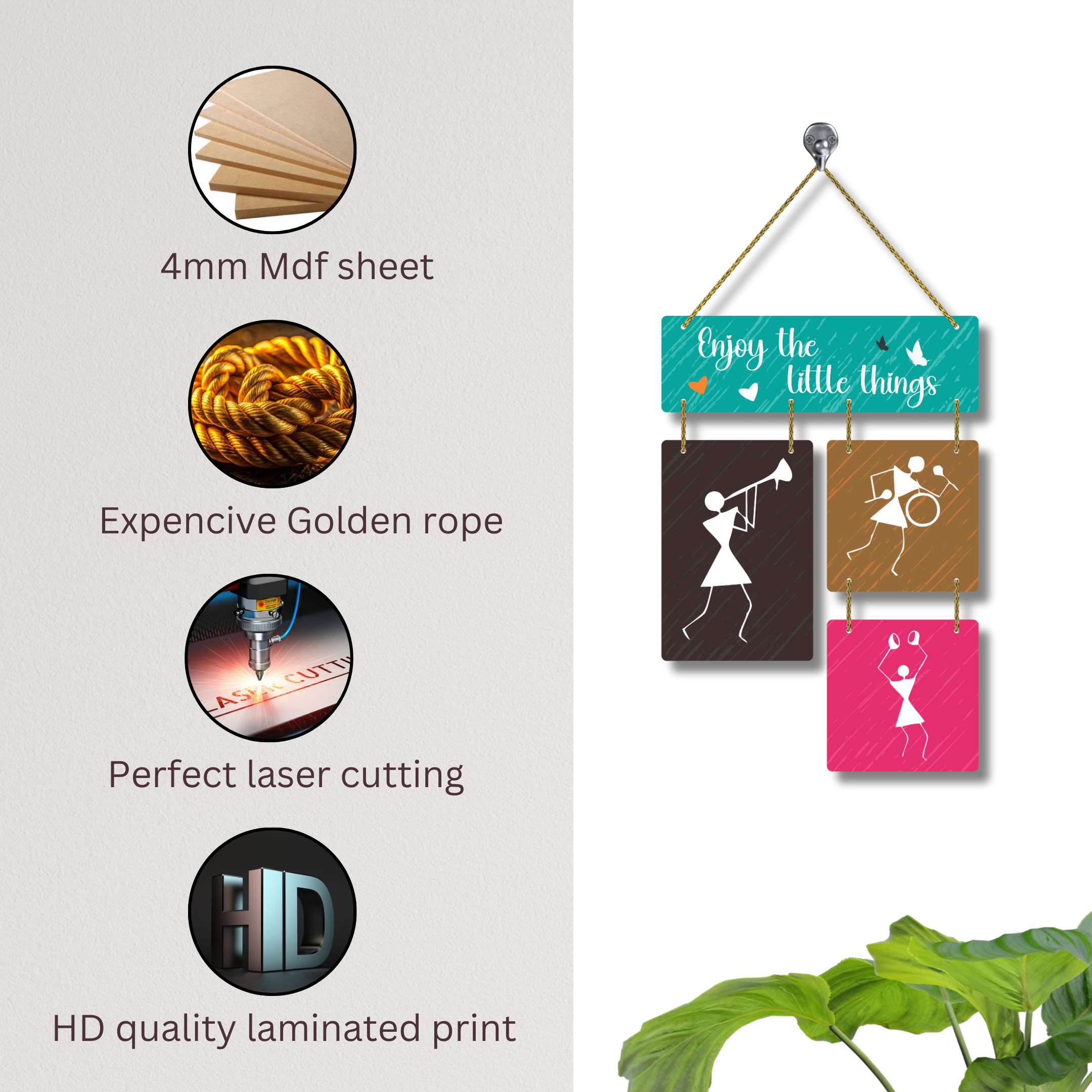 Warli Art Wall Hanging | Enjoy the Little Things Quote | 3 Piece MDF Decor - Image 3